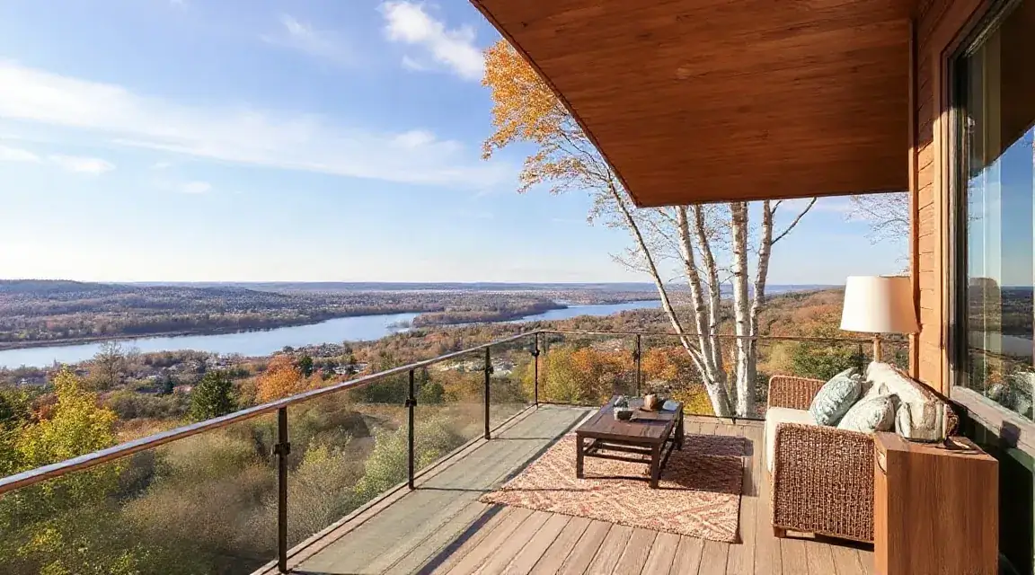 A wooden balcony with chairs overlooking a river in autumn (illustrative image)