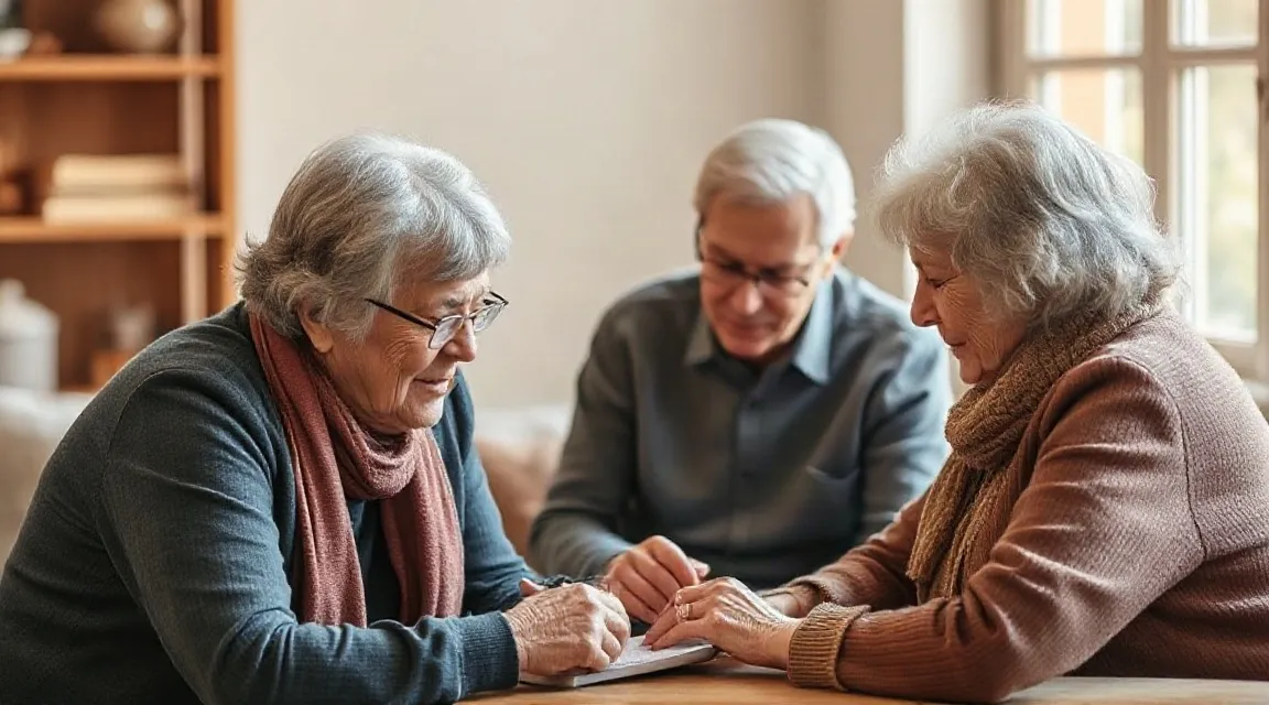 Three older people looking at papers together on a table (illustrative image)