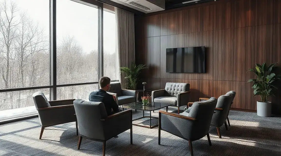 A quiet sitting room with armchairs and a view of bare winter trees (illustrative image)
