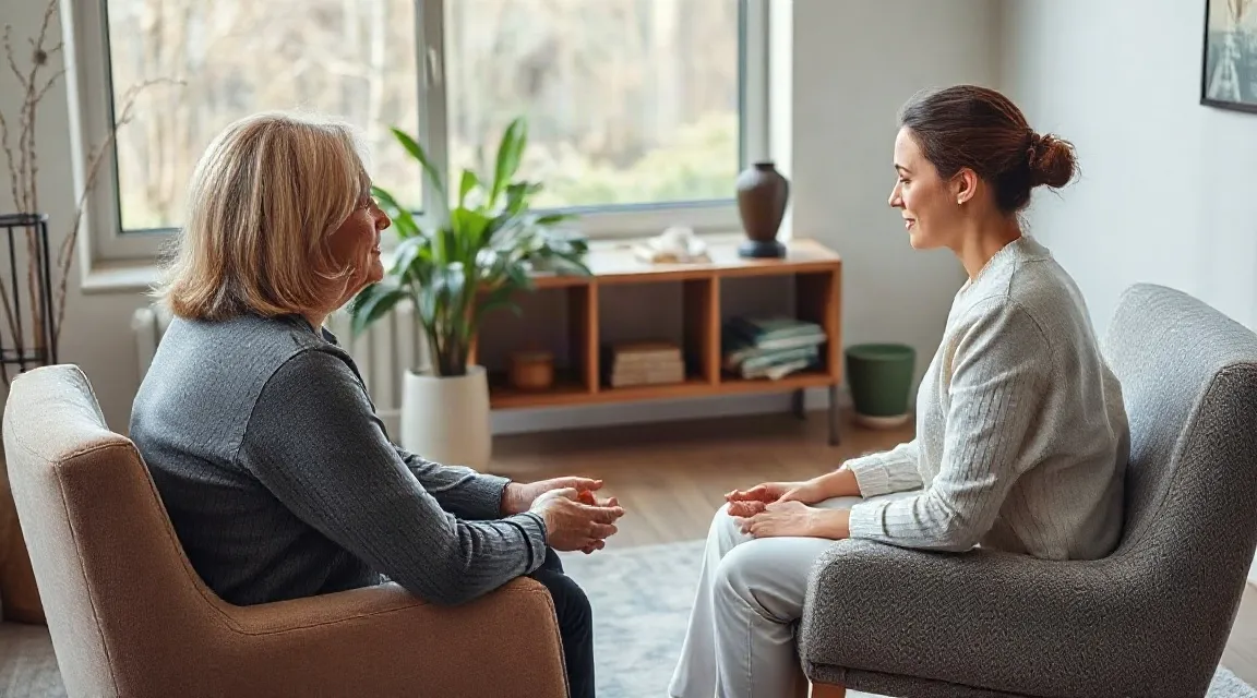 Two women talking in armchairs beside a window with a plant (illustrative image)
