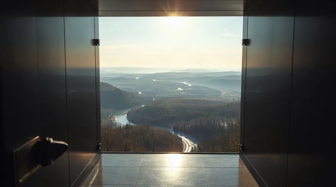 A dark doorway opening onto a bright river valley (illustrative image)