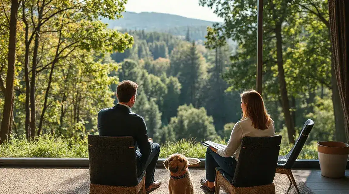 Two people sitting side by side in chairs looking out at a forest, with a dog beside them (illustrative image)