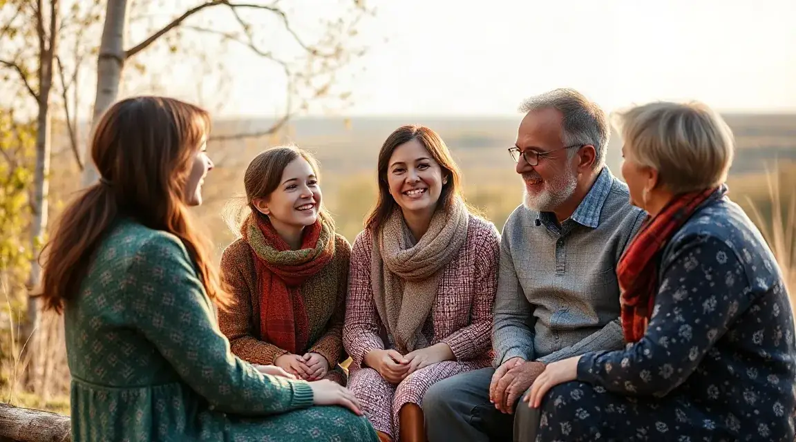 Five people of different ages talking and smiling outdoors in autumn (illustrative image)