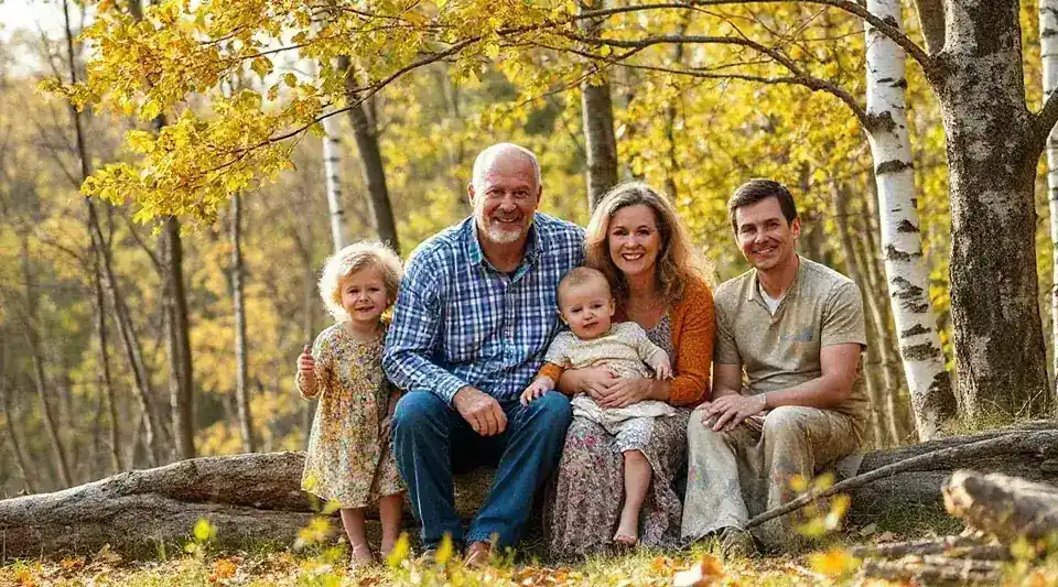 A family of several generations seated together in a birch wood in autumn (illustrative image)