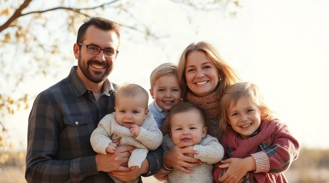 A smiling family with young children in warm light (illustrative image)