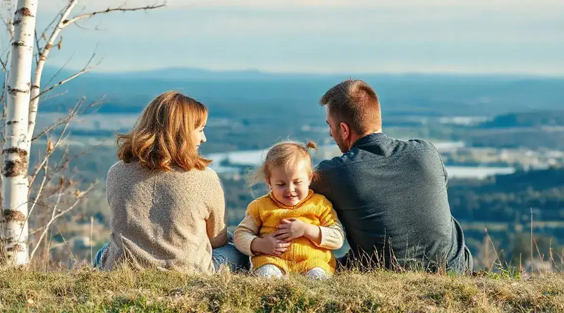 A couple with a small child sitting on a hillside above a river valley (illustrative image)