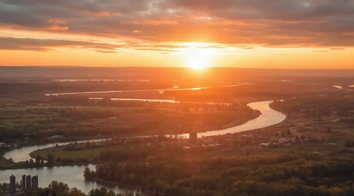 Sunset over a winding river seen from above (illustrative image)