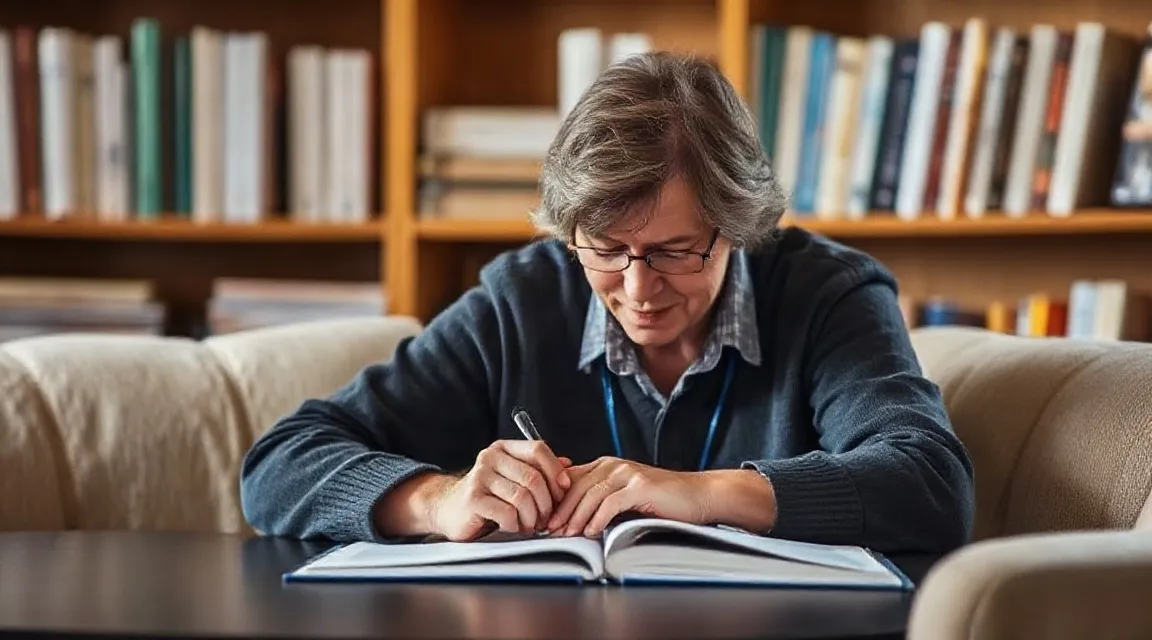 A man with glasses reading and writing at a table in front of a full bookshelf (illustrative image)
