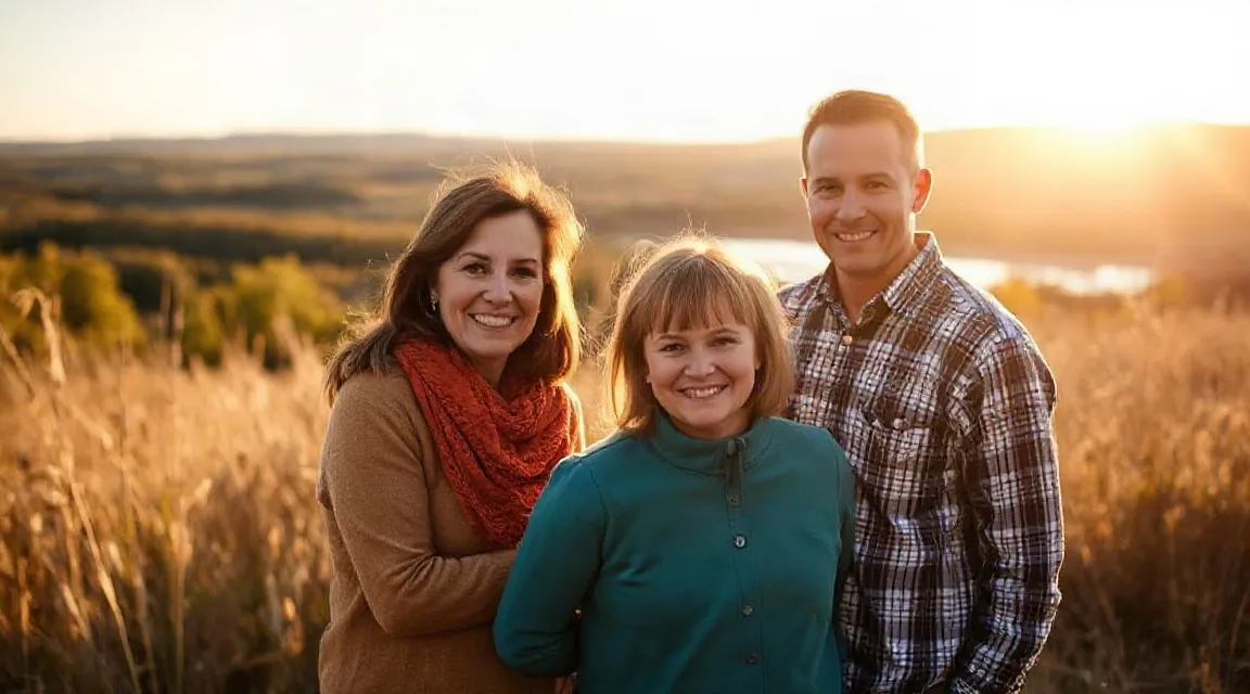 Three adults standing close together in a golden field at sunset (illustrative image)