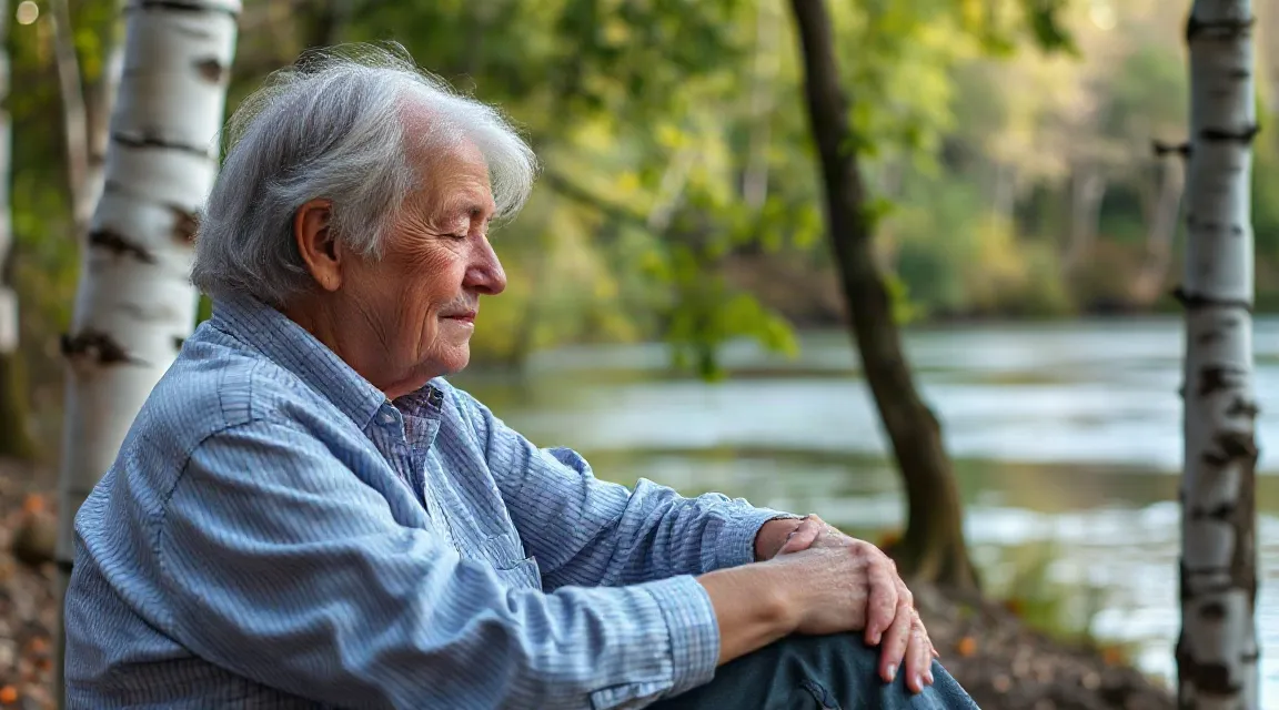 An older man sitting quietly among birch trees beside a river (illustrative image)