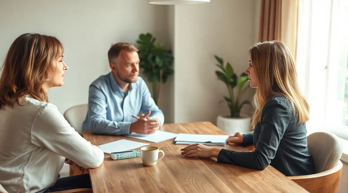 Three people talking over papers at a wooden table (illustrative image)