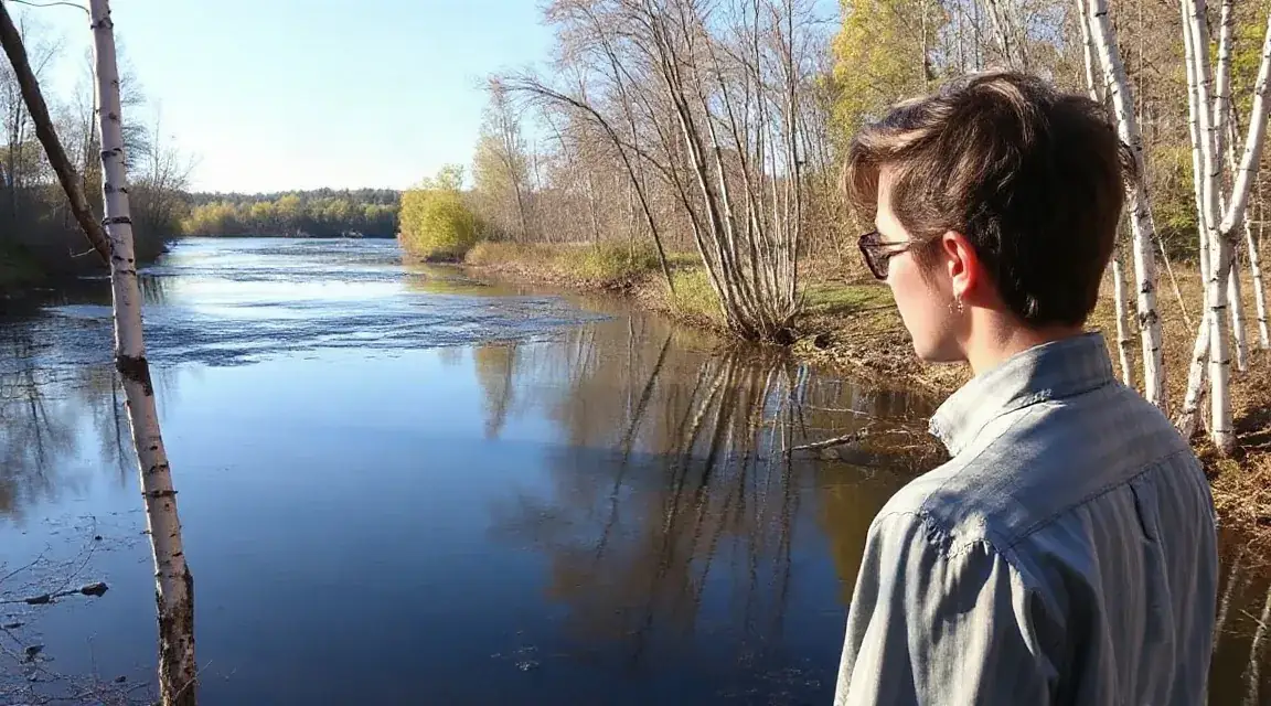 A man with glasses sitting beside a river, looking out over the water (illustrative image)
